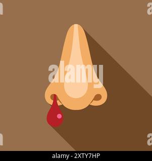 Saignement de nez avec gouttelette de sang coulant dans un design plat avec une longue ombre sur fond brun Illustration de Vecteur