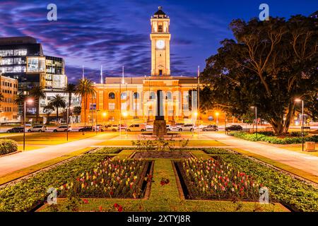 Parc public avec des fleurs en face de la ville de Newcastle Town Hall local Government council Building, NSW, Australie. Banque D'Images