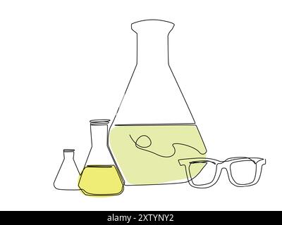 Installation de laboratoire chimique avec flacons, béchers et lunettes de sécurité sur fond blanc Illustration de Vecteur