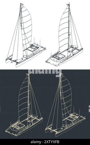 Illustrations vectorielles stylisées de dessins techniques isométriques d'un grand catamaran à voile Illustration de Vecteur