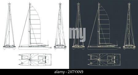 Illustrations vectorielles stylisées de dessins techniques d'un grand catamaran à voile Illustration de Vecteur