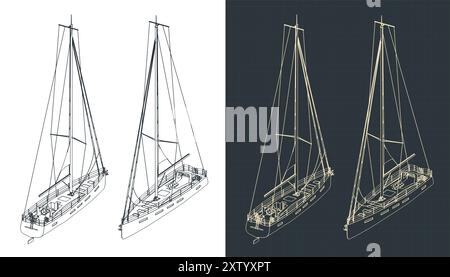 Illustrations vectorielles stylisées de dessins techniques isométriques d'un yacht à voile Illustration de Vecteur