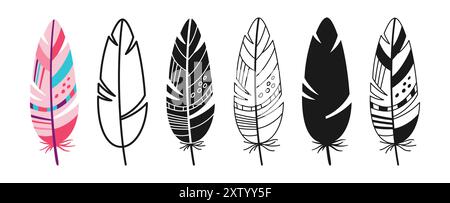 Icône linéaire de plume, jeu de symboles de dessin animé. Plumes d'oiseau stylisées colorées dessinées à la main avec motif ornemental boho ethnique. Simple signe oiseaux plumes silhouette forme ou doodle décroché Vecteur isolé Illustration de Vecteur