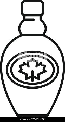 Simple dessin au trait d'une bouteille de sirop d'érable avec une feuille d'érable sur l'étiquette, souvent associée au canada Illustration de Vecteur