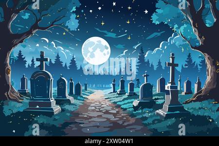 Hanté avec l'œil brillant dans la scène panoramique pourpre de forêt, fond de vecteur de dessin animé de cimetière d'halloween de nuit effrayant, Illustration de Vecteur