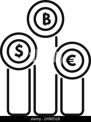 Icône minimaliste représentant une plate-forme de trading de crypto-monnaie reliant les symboles de devise bitcoin, dollar et euro Illustration de Vecteur