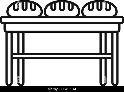 Icône de ligne simple représentant une table contenant du pain, souvent trouvée dans les boulangeries ou les cuisines Illustration de Vecteur