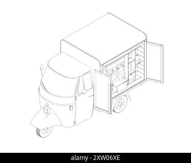 Camion d'alcool contour, bar extérieur. Vendeur de rue vendant des boissons, boissons au comptoir de caravane. Barman à la fenêtre d'une barre d'alcool mobile à roues. FLA Illustration de Vecteur