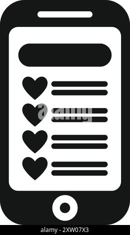 Icône noire et blanche d'un smartphone affichant une interface d'application de rencontre en ligne avec des coeurs Illustration de Vecteur