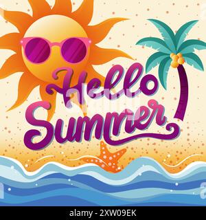 Illustration de gradient de plage d'été avec Hello Summer Typography Design Illustration de Vecteur