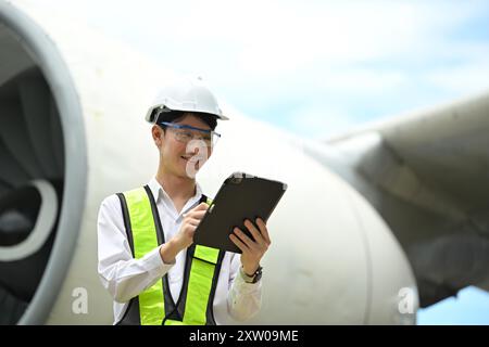 Jeune ingénieur masculin ou technicien aéronautique utilisant une tablette numérique devant un gros moteur d'avion Banque D'Images