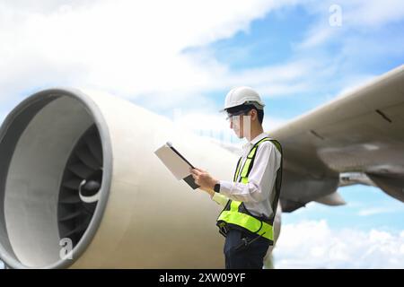 Jeune ingénieur ou inspecteur de l'aviation debout devant un grand moteur d'avion vérifiant les données sur tablette numérique Banque D'Images