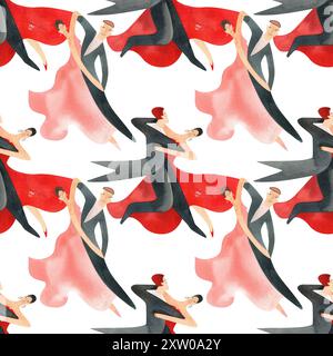 Danse de bal standard. Couples adultes sur le parquet. Illustration aquarelle isolée. Motif sans couture. Fond blanc Banque D'Images