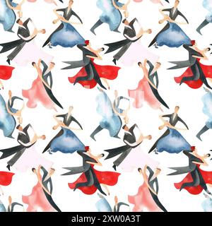 Danse de bal standard. Couples adultes sur le parquet. Illustration aquarelle isolée. Motif sans couture. Fond blanc Banque D'Images