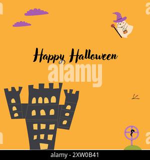 Carte de voeux ou invitation pour les fêtes d'Halloween pour enfants. Gabarit carré. Happy Halloween célébration design avec fantôme mignon et tombe, château. Astuce Illustration de Vecteur