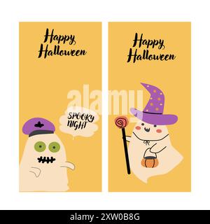 Ensemble histoires d'Halloween. Illustrations fantômes pour enfants dans un style plat. Bonne carte ou bannière verticale d'Halloween pour les médias sociaux. Mignons personnages effrayants i Illustration de Vecteur