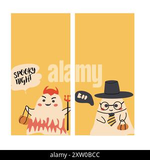 Ensemble histoires d'Halloween. Illustrations fantômes pour enfants dans un style plat. Bonne carte ou bannière verticale d'Halloween pour les médias sociaux. Mignons personnages effrayants i Illustration de Vecteur
