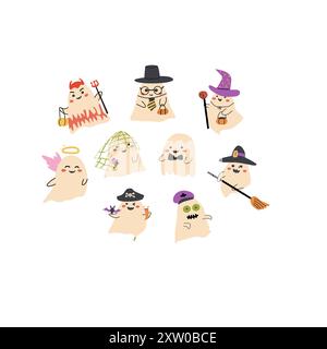 Ensemble de fantômes halloweens mignons ou fond rond. Collection de personnages effrayants mignons. Paquet d'autocollants pour la journée d'Halloween. Fantômes d'enfants avec des visages drôles. Illustration de Vecteur