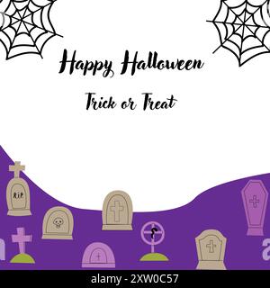 Carte de voeux ou invitation pour les fêtes d'Halloween pour enfants. Gabarit carré. Happy Halloween célébration design avec tombe et toile d'araignée. Trick or Treat Illustration de Vecteur