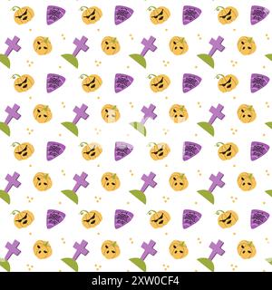 Motif d'halloween effrayant pour enfants avec des personnages mignons. Citrouilles, tombes, bonbons avec toile d'araignée. Motif sans couture enfantin mignon. Illustration de Vecteur
