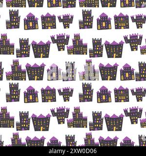 Motif d'halloween pour enfants avec de jolis châteaux effrayants. Fond de fée sans couture sans fin. Illustration de Vecteur