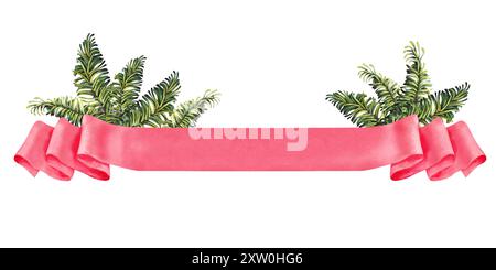 Bannière de ruban de papier de Noël avec branches de sapin vert. Illustration botanique aquarelle isolée sur fond blanc. Modèle enroulé vintage pour Banque D'Images