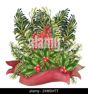 Bouquet de Noël avec bannière de ruban de papier avec des branches de sapin vert, baies de houx. Illustration botanique aquarelle isolée sur fond blanc. Vin Banque D'Images