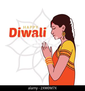 Happy Diwali affiche avec femme indienne priant illustration, conception vectorielle Illustration de Vecteur