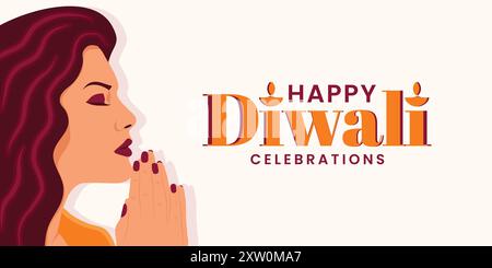 Happy Diwali Celebration bannière avec femme indienne priant illustration, conception vectorielle Illustration de Vecteur