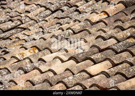 Vue détaillée d'anciennes tuiles en terre cuite altérées sur un bâtiment de style méditerranéen, montrant la texture et la patine vieillie. Banque D'Images