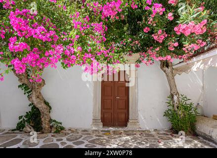 Bougainvilliers encadre une porte d'église dans la ville de Parikia, Paros, Cyclades, Grèce Banque D'Images