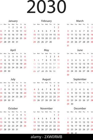 Calendrier 2030 année icône dans un style plat. Illustration vectorielle de planificateur sur fond isolé. Concept commercial de signe de calendrier. Illustration de Vecteur