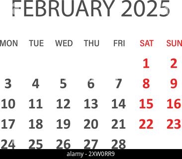 Calendrier février 2025 icône dans un style plat. Illustration vectorielle de planificateur sur fond isolé. Concept commercial de signe de calendrier. Illustration de Vecteur