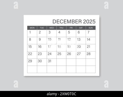 Calendrier décembre 2025 icône dans un style plat. Illustration vectorielle de planificateur sur fond isolé. Concept commercial de signe de calendrier. Illustration de Vecteur