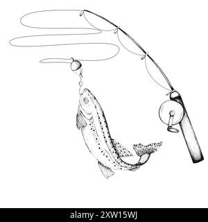 Une canne avec de la truite arc-en-ciel accrochée dessus. Clipart de pêche. Un bobber, une ligne de pêche. Illustration à l'encre dessinée à la main. Banque D'Images