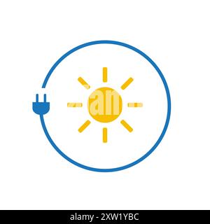 Lutte contre le changement climatique, utiliser l'énergie renouvelable - concept Design avec cordon électrique autour du symbole du soleil sur fond blanc - illustration vectorielle dans Illustration de Vecteur