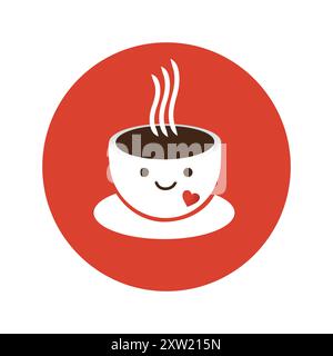 Tasse pleine de café avec un visage souriant mignon et un petit coeur - modèle d'icône ronde rouge Design en fond blanc - illustration vectorielle Illustration de Vecteur