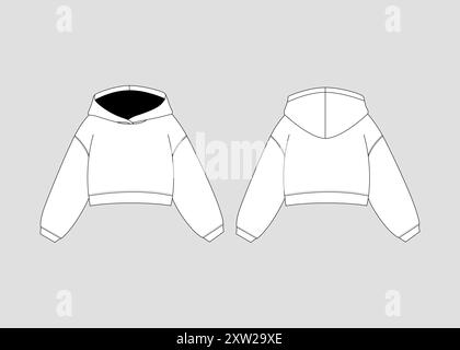 Modèle Cropped Hoodie Mockup Crop Hoodie Vector Flat dessin technique modèle d'illustration de capuche Mock-up Illustration de Vecteur