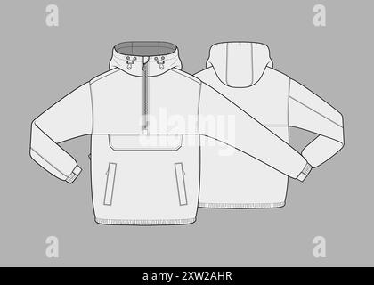 Veste anorak Mockup Unisex Oversized manteau à capuche avant Poacket Vector Flat dessin technique modèle d'illustration de veste Anorak Illustration de Vecteur