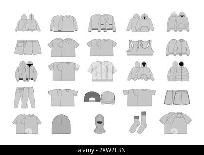 Streetwear Vector Bundle Vector Tech Pack modèle Illustrator Propreate Mockup Clothing Vector Pack modèle de capuche Mockup Illustration de Vecteur