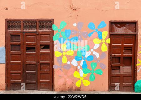 Deux portes en bois, avec des barres transversales, de couleur brune, similaires aux barres de chocolat, avec un mur décoré de grandes fleurs peintes. Banque D'Images