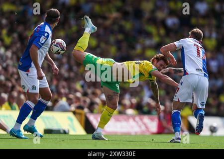 Norwich, Royaume-Uni. 17 août 2024. Josh Sargent de Norwich City se bat pour le ballon avec Hayden carter de Blackburn Rovers lors du Sky Bet Championship match Norwich City vs Blackburn Rovers à Carrow Road, Norwich, Royaume-Uni, 17 août 2024 (photo par Izzy Poles/News images) à Norwich, Royaume-Uni le 17/08/2024. (Photo par Izzy Poles/News images/SIPA USA) crédit : SIPA USA/Alamy Live News Banque D'Images