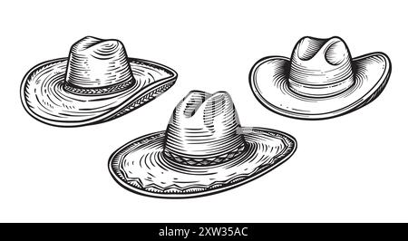 Croquis de chapeau de cowboy dessiné à la main dans le style doodle. Illustration de Vecteur