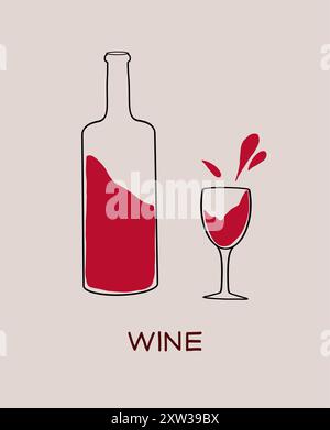 Une bouteille de vin rouge à côté d'un verre rempli de vin renversant, mettant en valeur un cadre de boisson décontracté Illustration de Vecteur