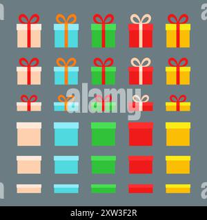 Boîtes de Noël pour cadeaux de différentes couleurs. Conception plate. Illustration de Vecteur