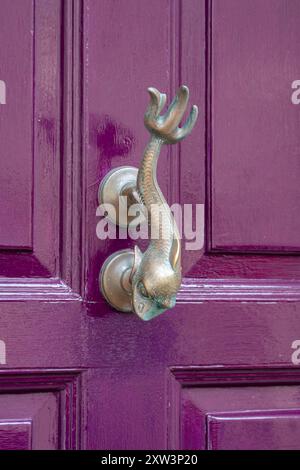 Antique maltais frappeur de porte de poisson en laiton avec patine verte sur la porte d'entrée violette à Tetbury. Banque D'Images