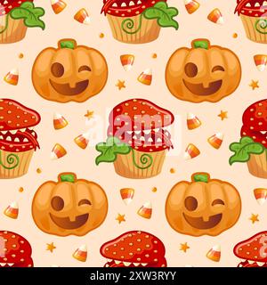 Joyeux Halloween. Une friandise d'Halloween effrayante. Motif sans couture. Jack o Lantern, délicieux cupcake avec un monstre de fraise denté. Plante carnivore. FO Illustration de Vecteur
