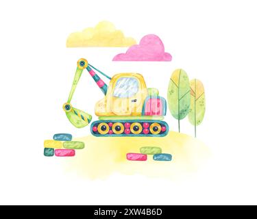 Excavatrice sur fond d'arbres et de blocs de construction colorés. Jouet véhicule clipart aquarelle pour une utilisation dans un décor de fête sur le thème de la construction, des jeux éducatifs ou des illustrations d'histoires pour enfants Banque D'Images