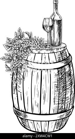 Vin nature morte. Une bouteille, un verre et un bouquet de raisins sur un tonneau en bois. Gravure vintage faite à la main. Illustration vectorielle noir et blanc. Un elem Illustration de Vecteur