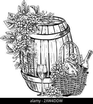 Vin. Une bouteille, un verre et un bouquet de raisins à côté d'un tonneau en bois. Gravure vintage faite à la main. Illustration vectorielle noir et blanc. Le design el Illustration de Vecteur